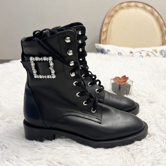 NEW $770 Stuart Weitzman Pearl Ankle Buckle Combat black leather boot women Sz 6 - Picture 2 of 9